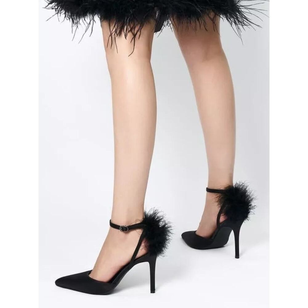 1941 NIB   Hingswink Black Pointed Toe Fluffy Feather Fur Strappy Stiletto Heels
